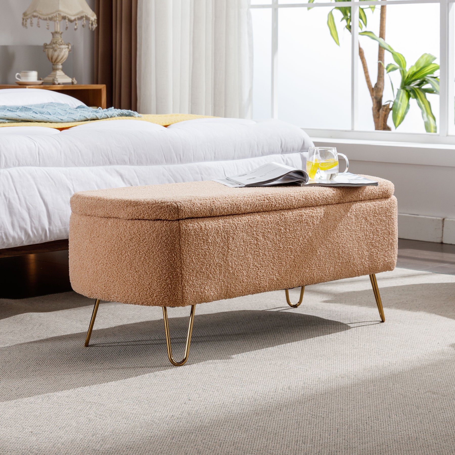 Modern Camel Storage Ottoman Bench with Gold Legs