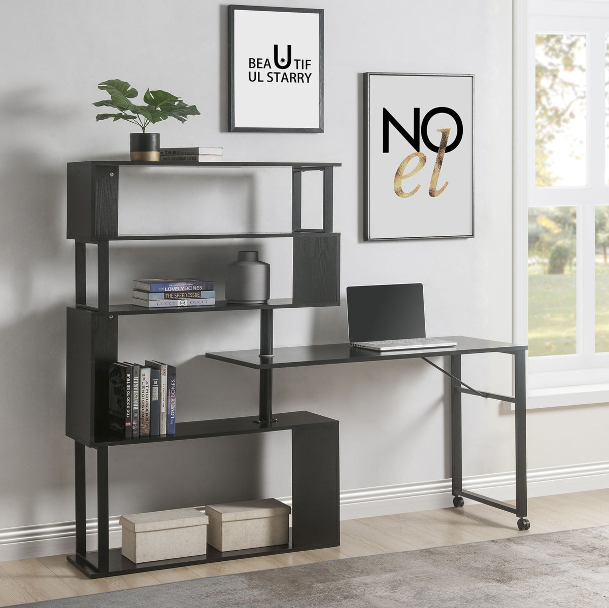 Rotating Computer Desk with 5-Story Bookshelf in Black