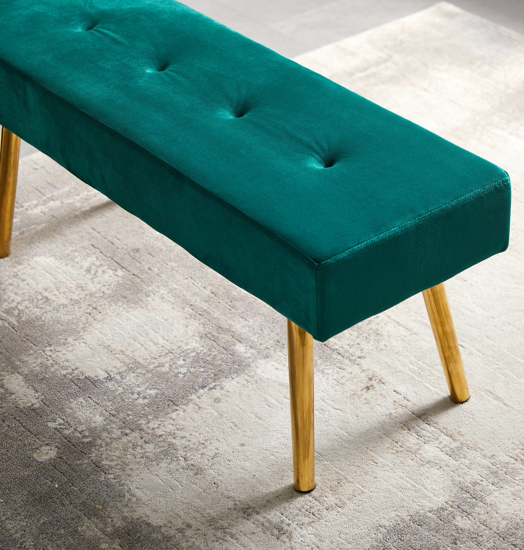 Dark Green Velvet Long Bench with Gold Legs