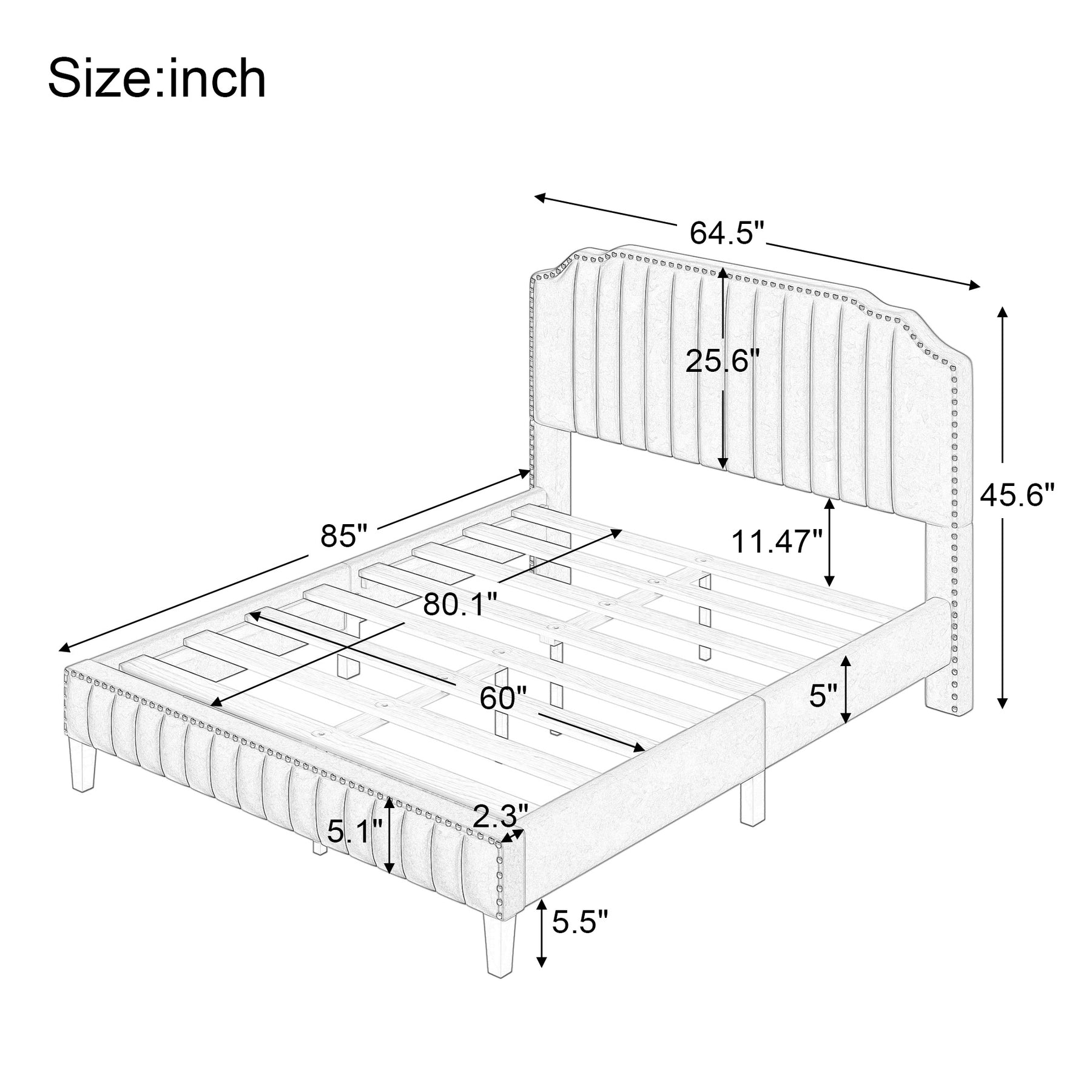 Modern Linen Curved Upholstered Platform Bed Solid Wood Frame Nailhead Trim