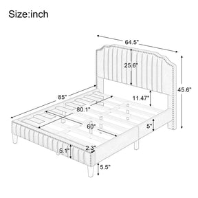 Modern Linen Curved Upholstered Platform Bed Solid Wood Frame Nailhead Trim