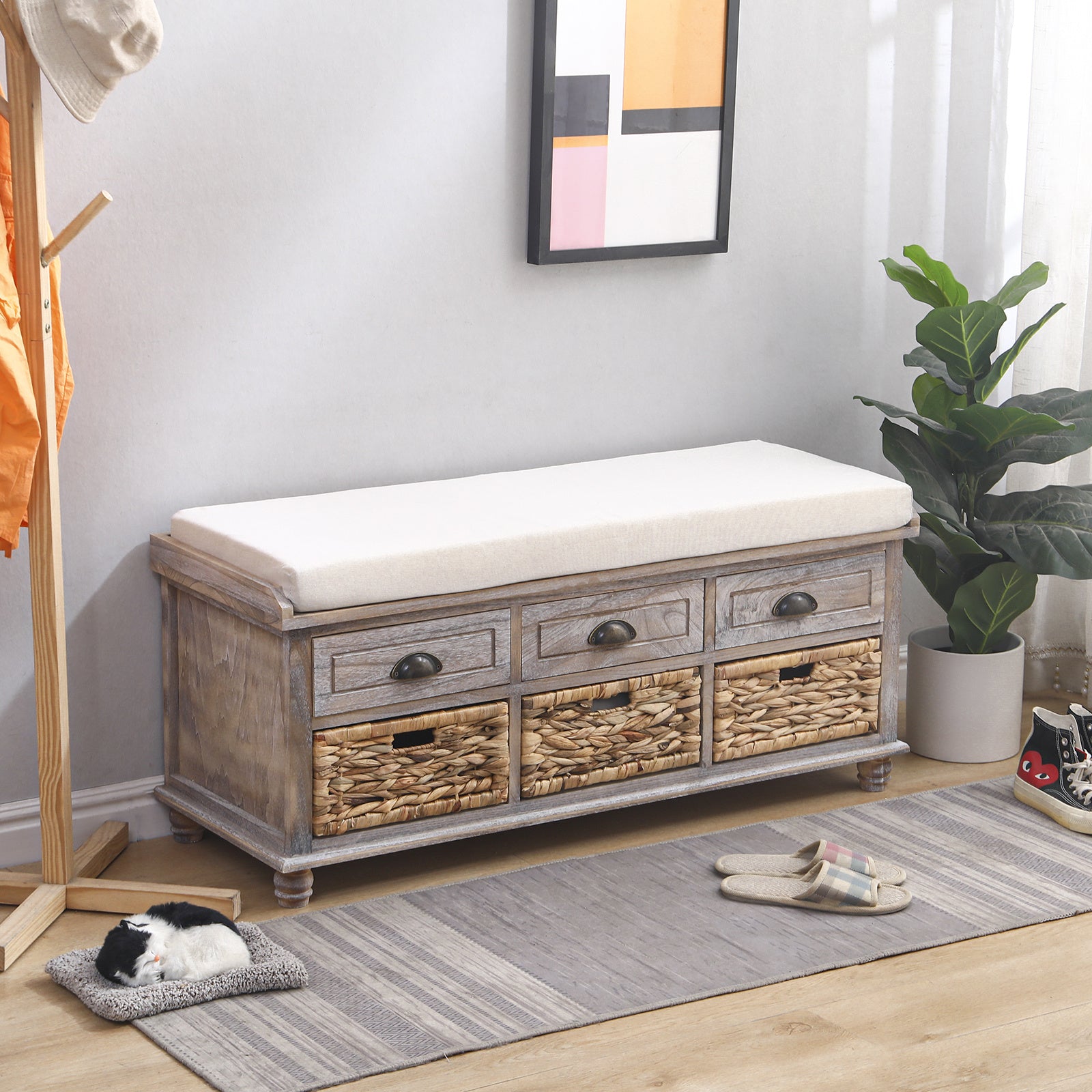 Storage Bench with 3 Drawers | 3 Rattan Baskets and Removable Cushion (White Washed)