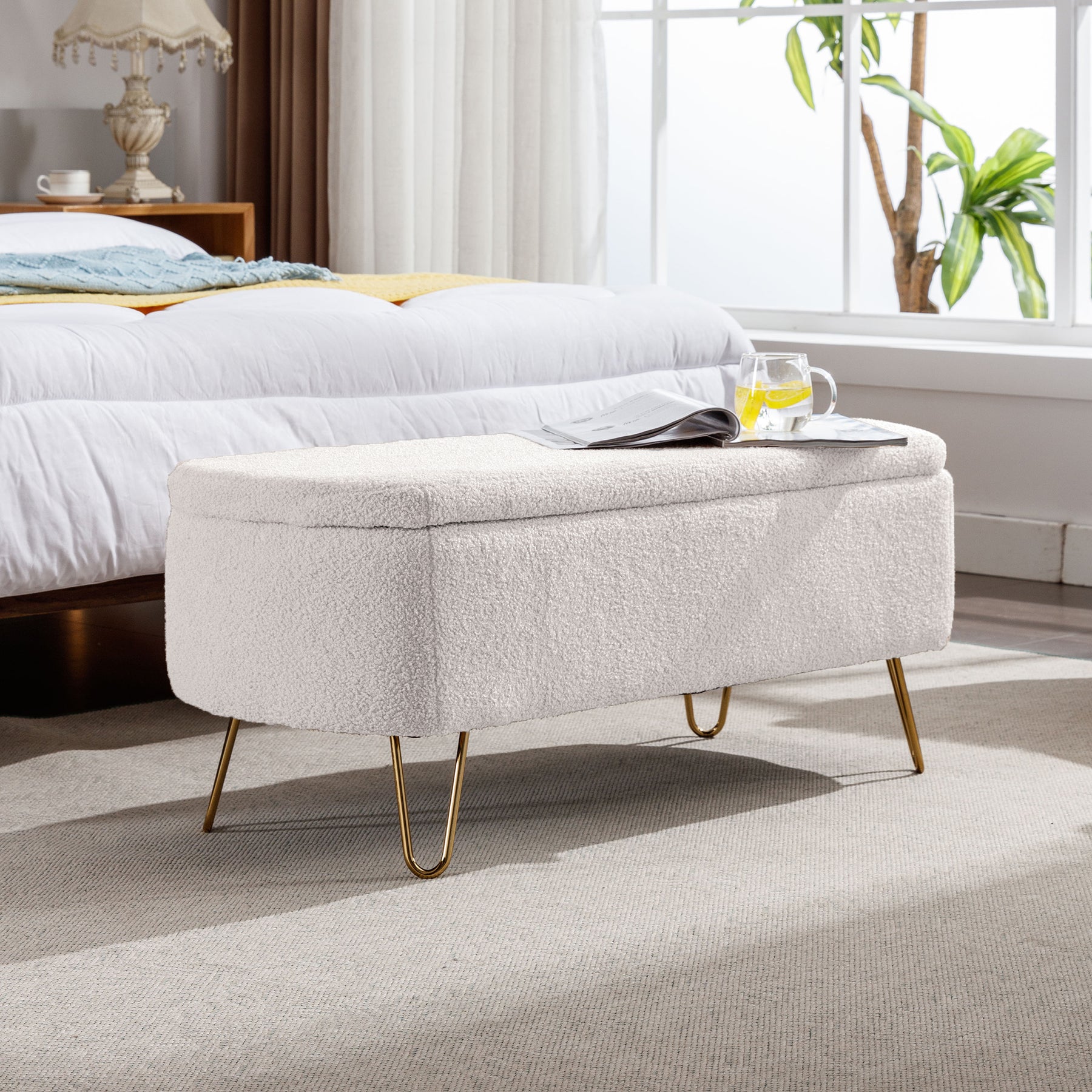 Modern Ivory White Faux Fur Storage Ottoman Bench with Gold Legs