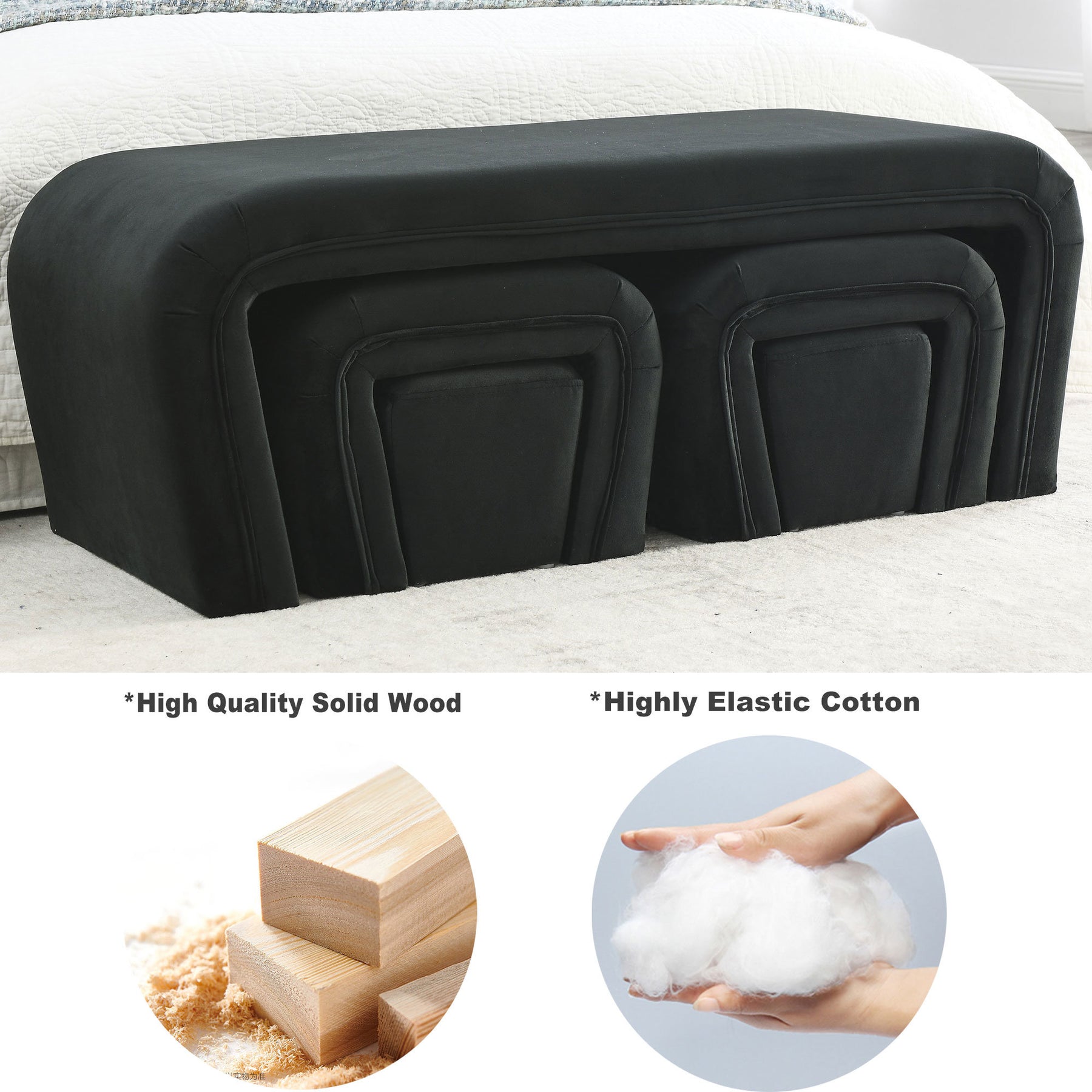 Modern Contemporary Upholstered Nesting Bench including Four Nesting Benches (Velvet Black)