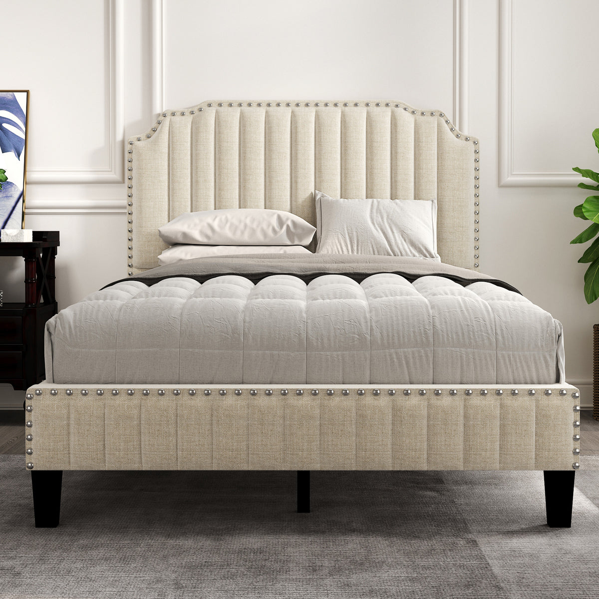 Modern Curved Linen Upholstered Platform Bed | Full Size