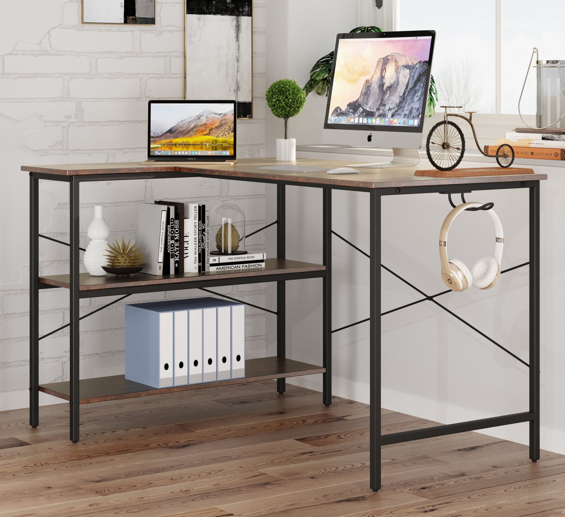 L-Shaped Computer Desk in Rustic Brown Finish