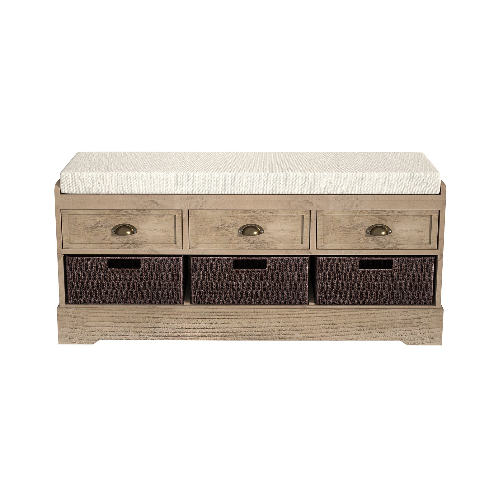 Storage Bench with 3 Drawers | 3 Rattan Baskets and Removable Cushion