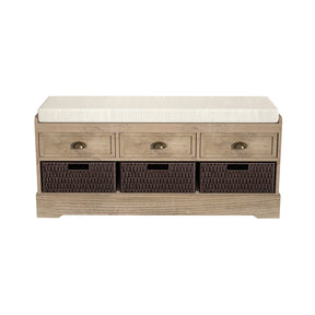 Storage Bench with 3 Drawers | 3 Rattan Baskets and Removable Cushion