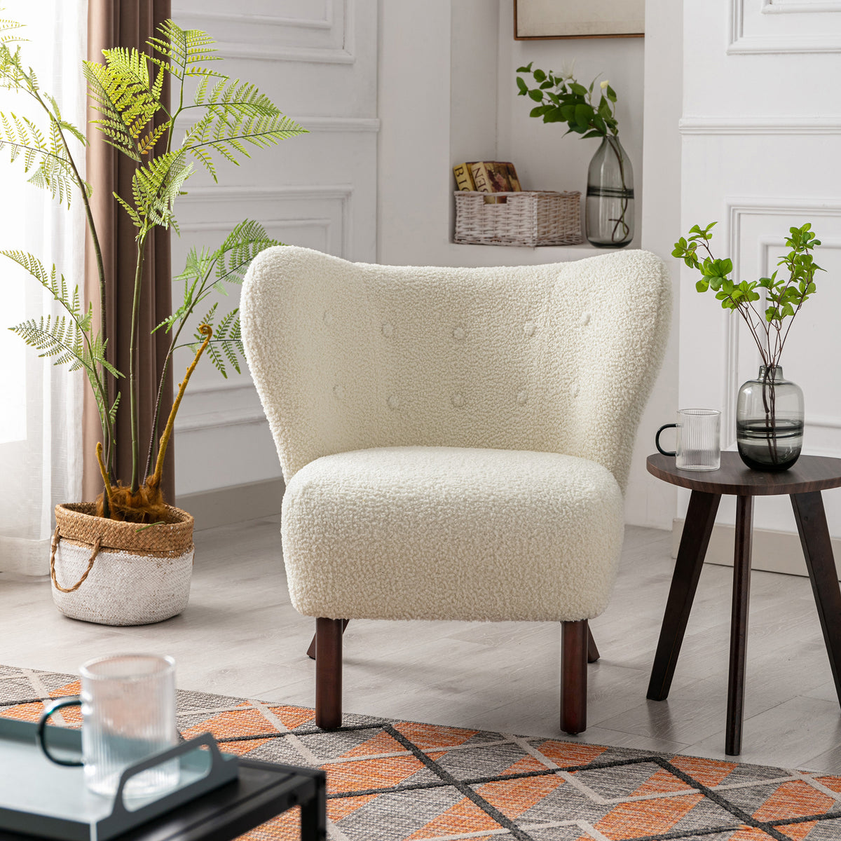 Tufted Side Lounge Chairs with Solid Wood Legs