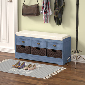 Storage Bench with 3 Drawers | 3 Rattan Baskets and Removable Cushion (Blue)