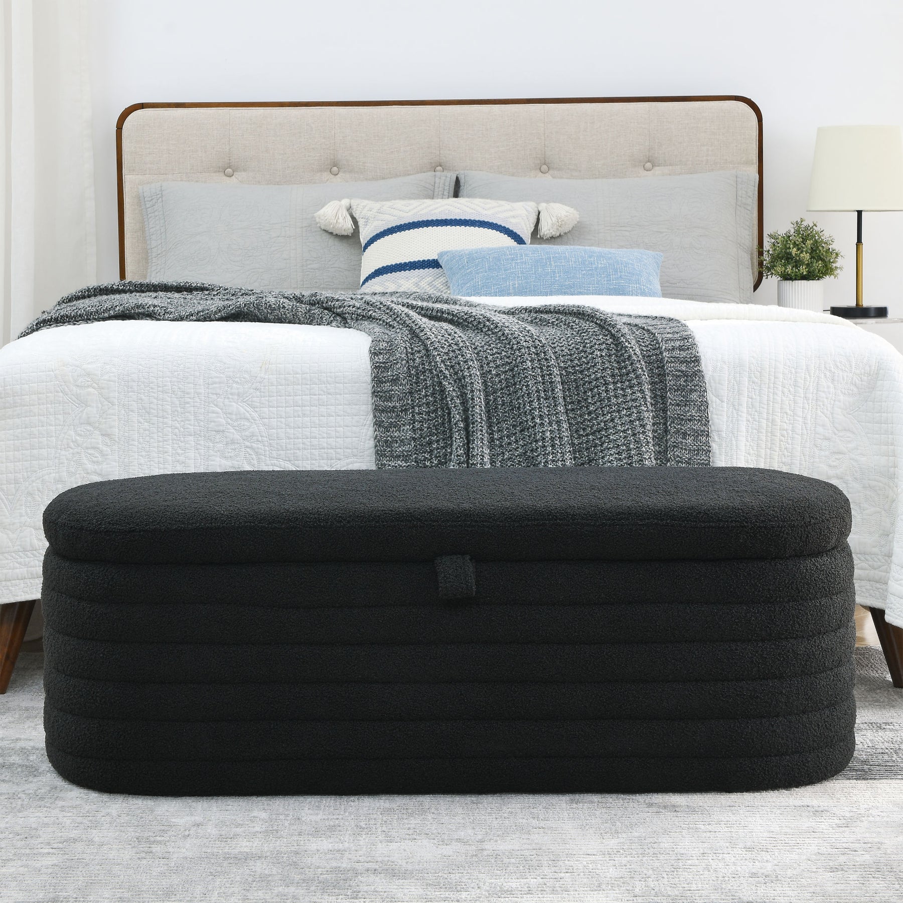 Modern Upholstered Fabric Storage Ottoman Bench with Safety Hinge (Black Teddy)