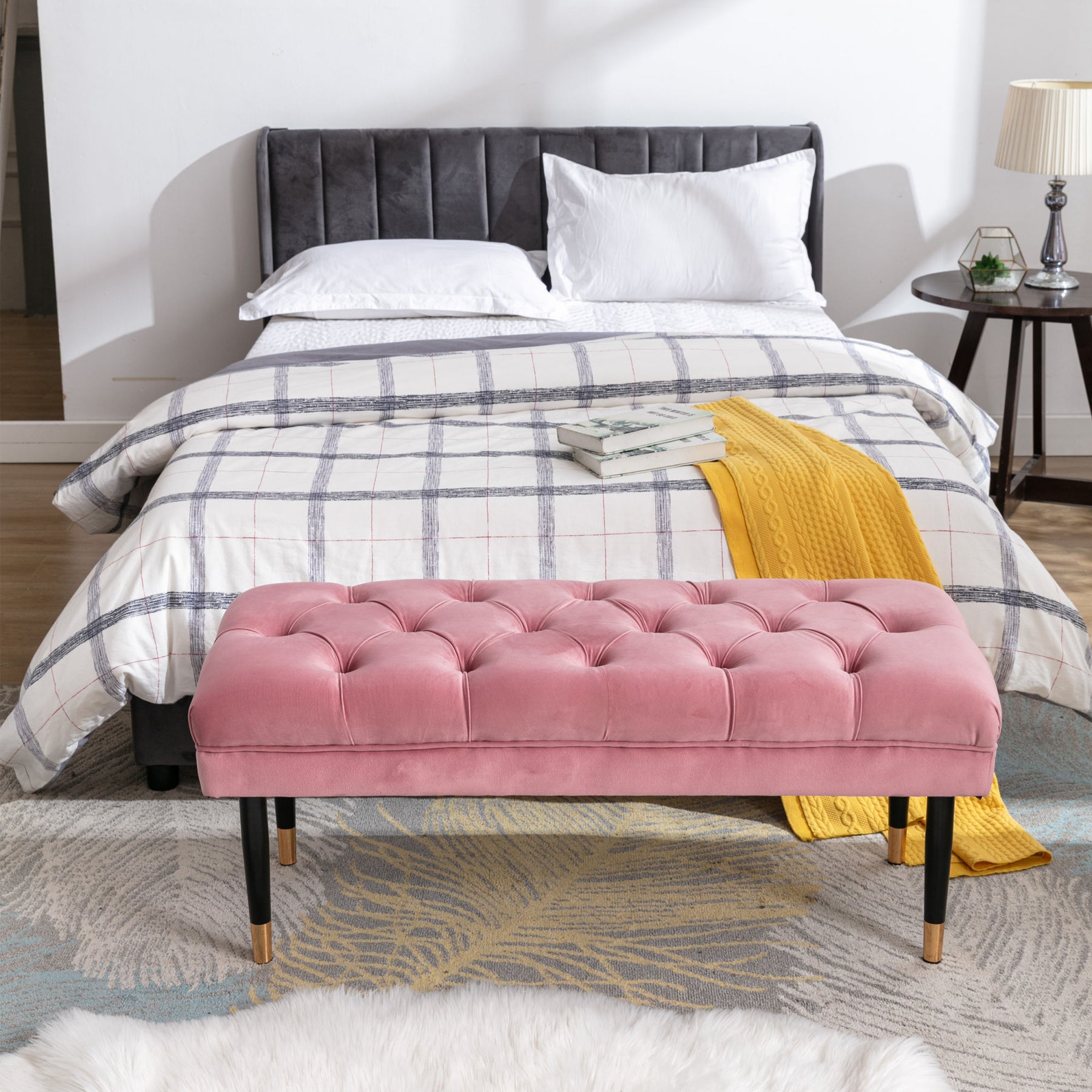 Modern Velvet Tufted-Button Ottoman Bench with Metal Legs (Pink)