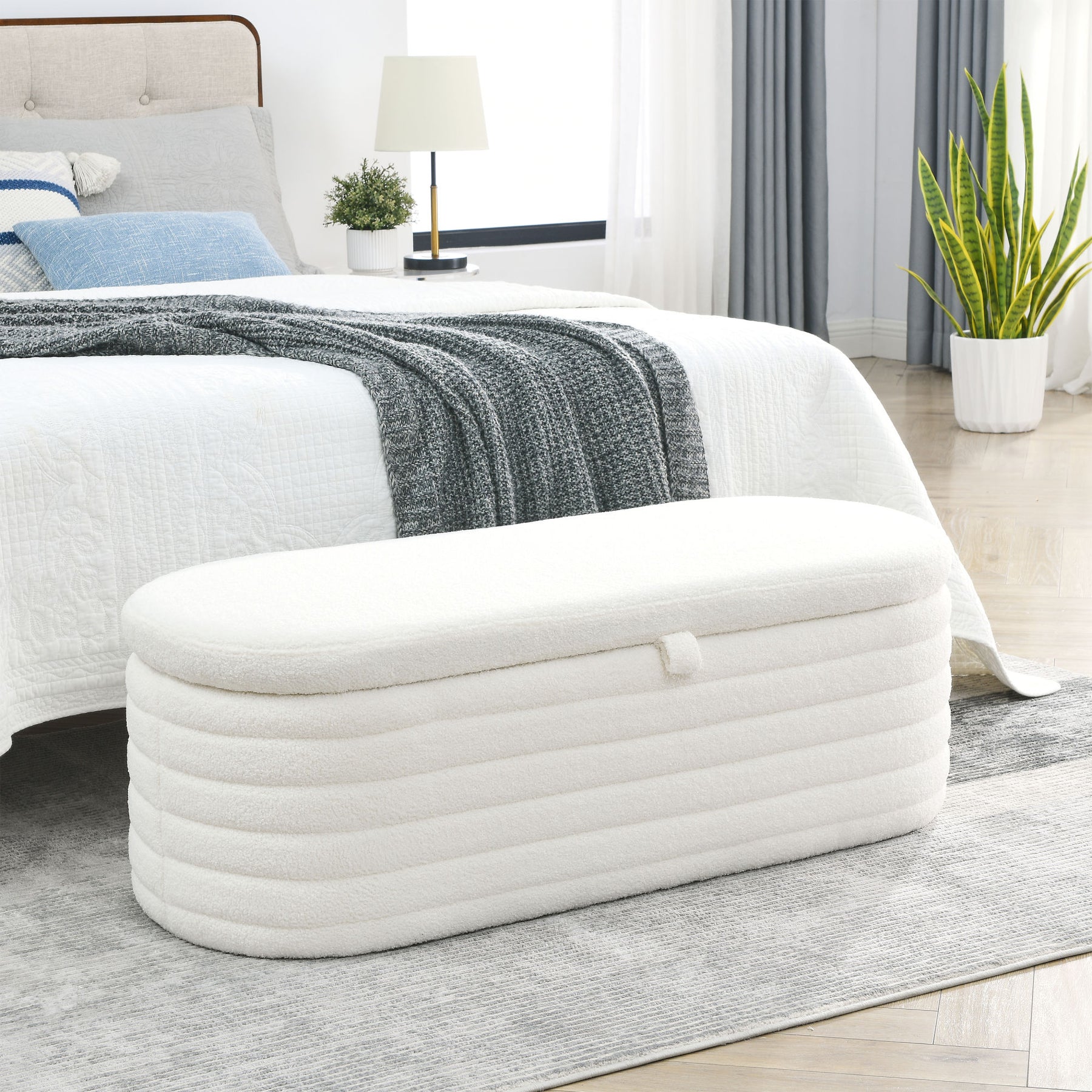 Modern Upholstered Fabric Storage Ottoman Bench with Safety Hinge (White Teddy)