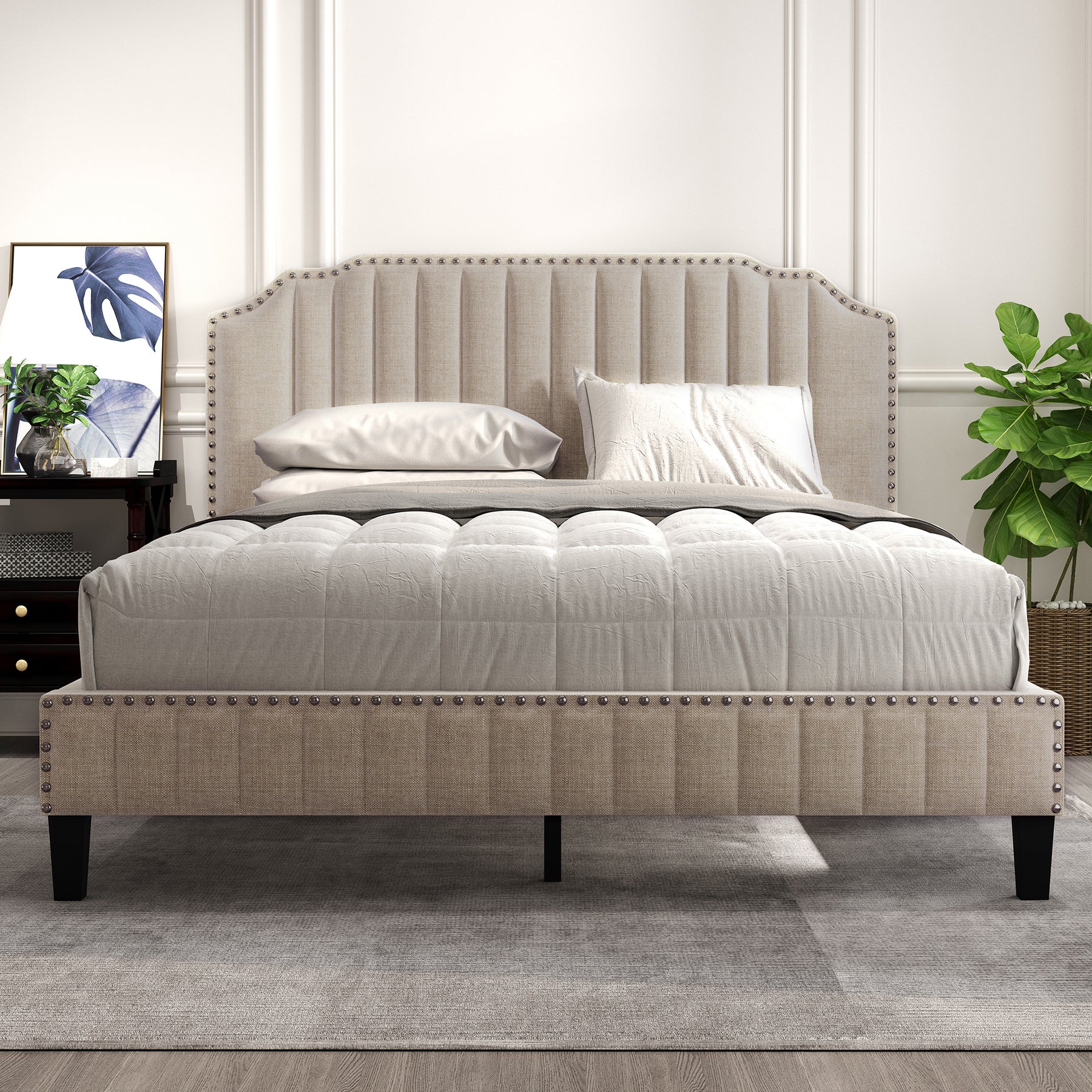 Modern Linen Curved Upholstered Platform Bed Solid Wood Frame Nailhead Trim