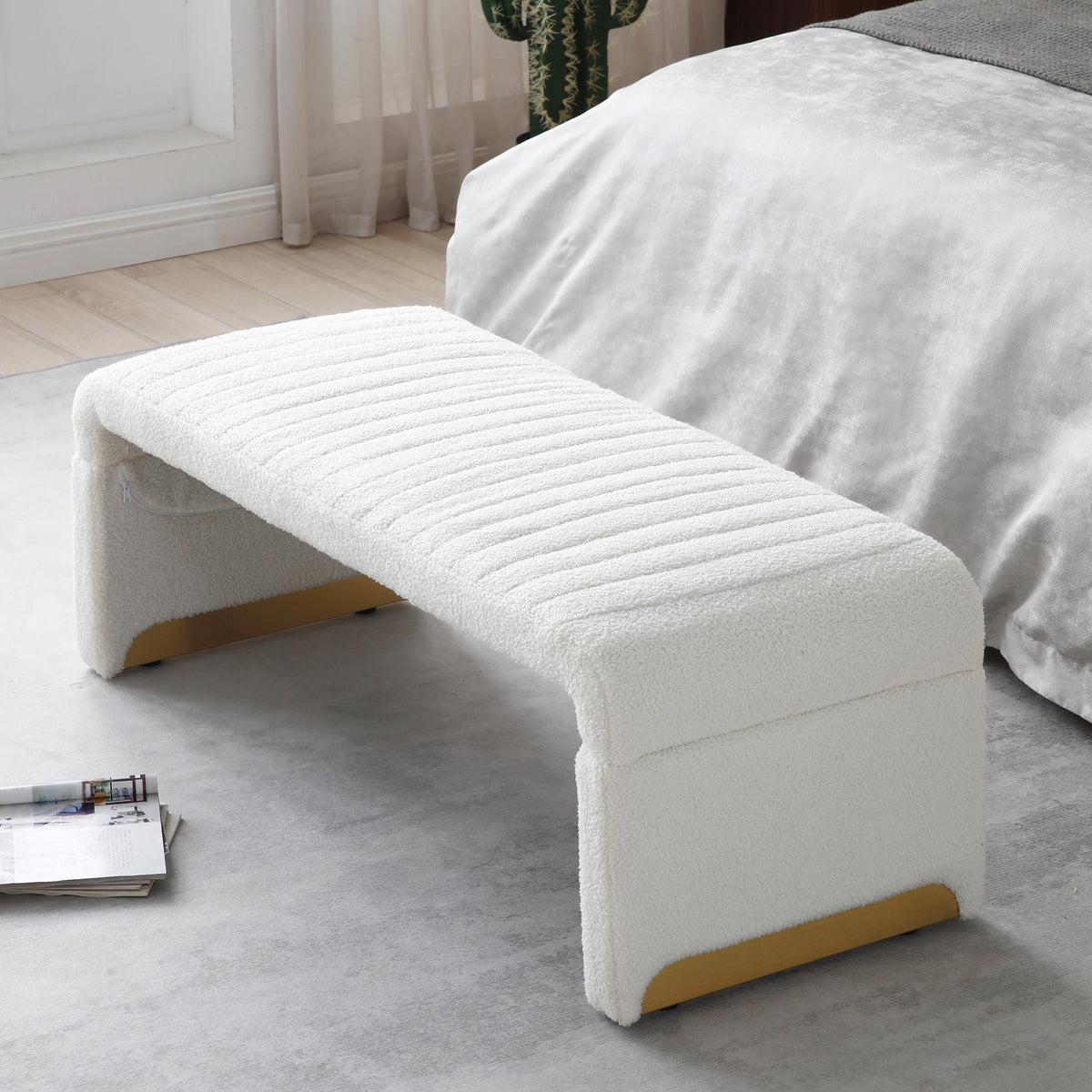 Modern Upholstered Sherpa Fabric Ottoman Bench (Beige)