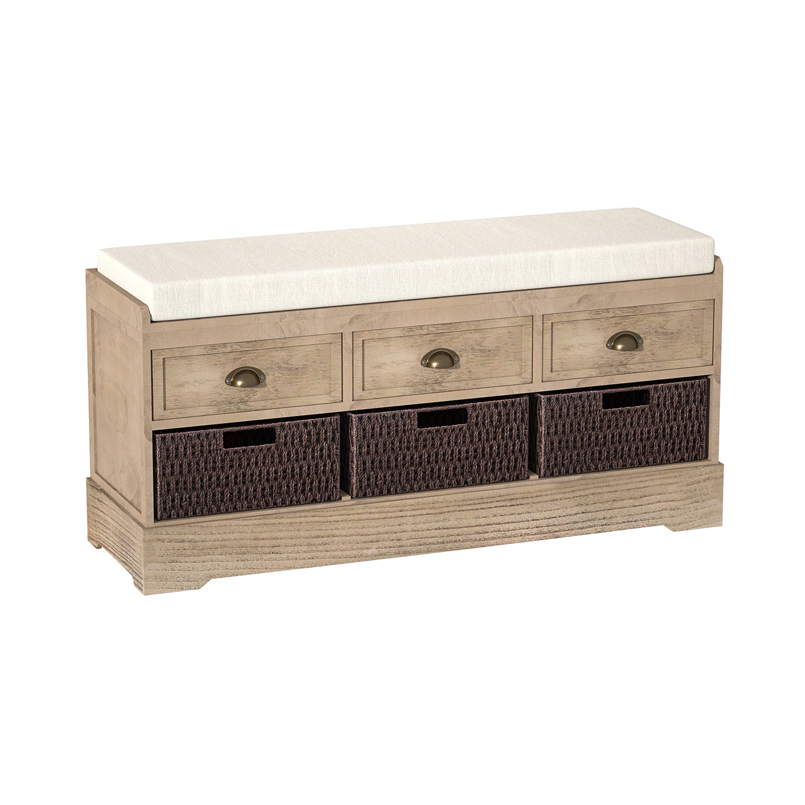 Storage Bench with 3 Drawers | 3 Rattan Baskets and Removable Cushion