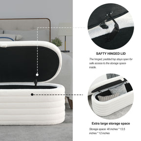 Modern Upholstered Fabric Storage Ottoman Bench with Safety Hinge (White Teddy)