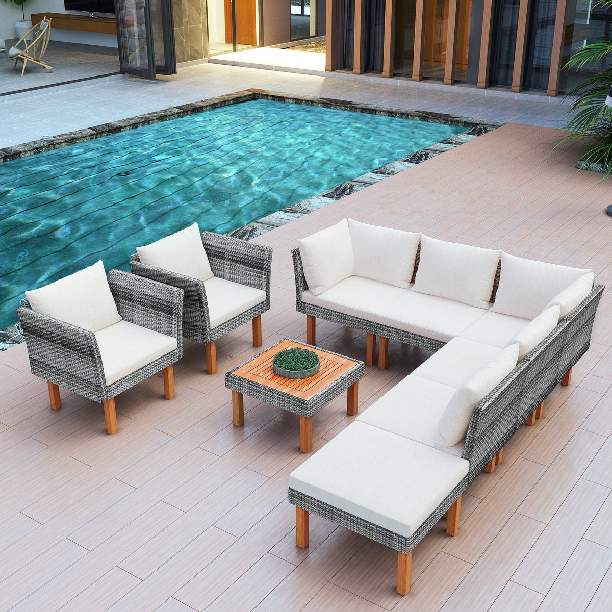 9-Piece Outdoor Patio Garden Wicker Sofa Set with Wood Legs