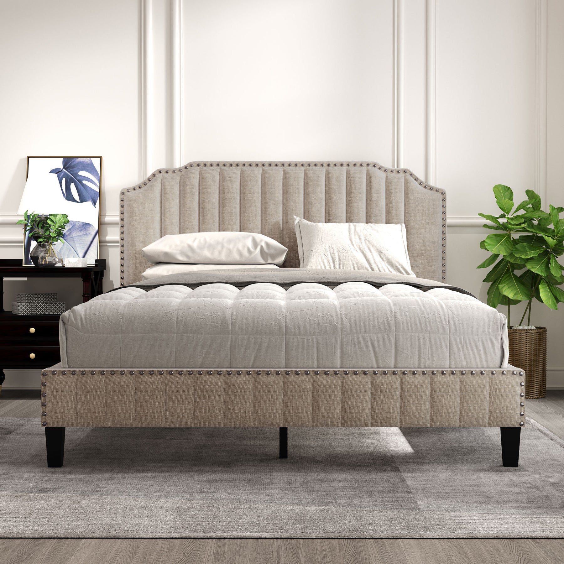 Modern Linen Curved Upholstered Platform Bed Solid Wood Frame Nailhead Trim