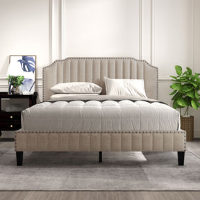 Modern Linen Curved Upholstered Platform Bed Solid Wood Frame Nailhead Trim