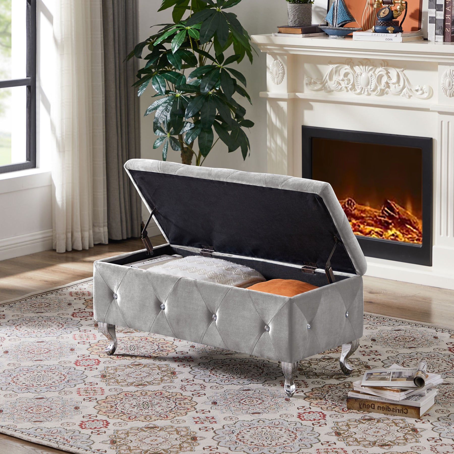 Gray Velvet Flip Top Storage Bench: Safe & Stylish Storage