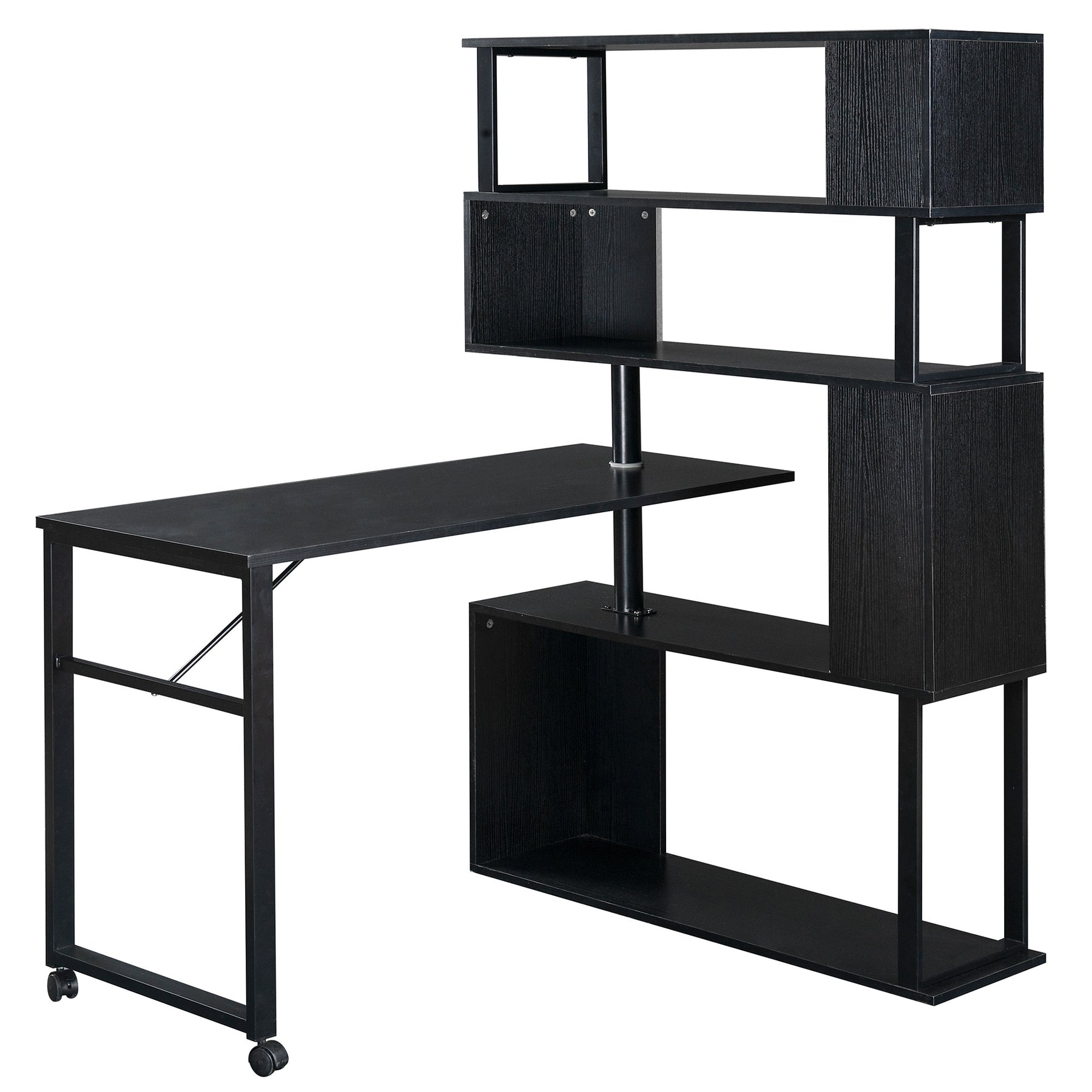 Rotating Computer Desk with 5-Story Bookshelf in Black