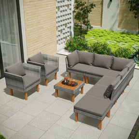 9-Piece Outdoor Patio Garden Wicker Sofa Set with Wood Legs