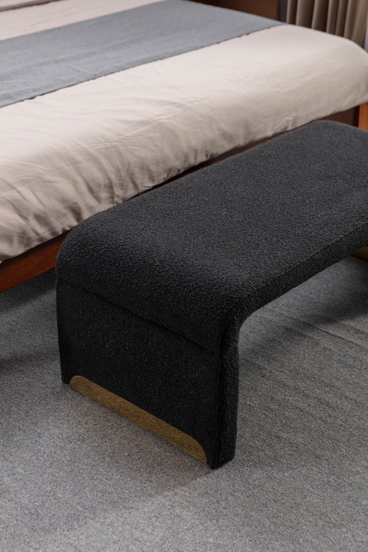 Black Boucle Fabric Loveseat Ottoman Bench