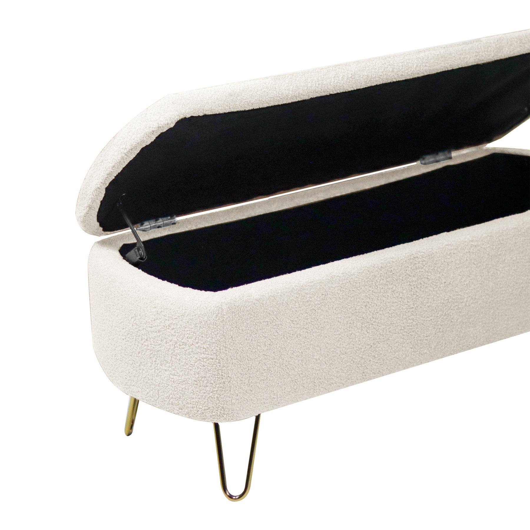 Modern Ivory White Faux Fur Storage Ottoman Bench with Gold Legs