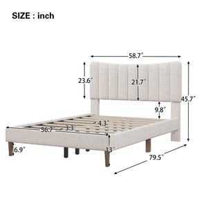 Upholstered Platform Bed Frame with Vertical Channel Tufted Headboard, No Box Spring Needed, Full, Cream