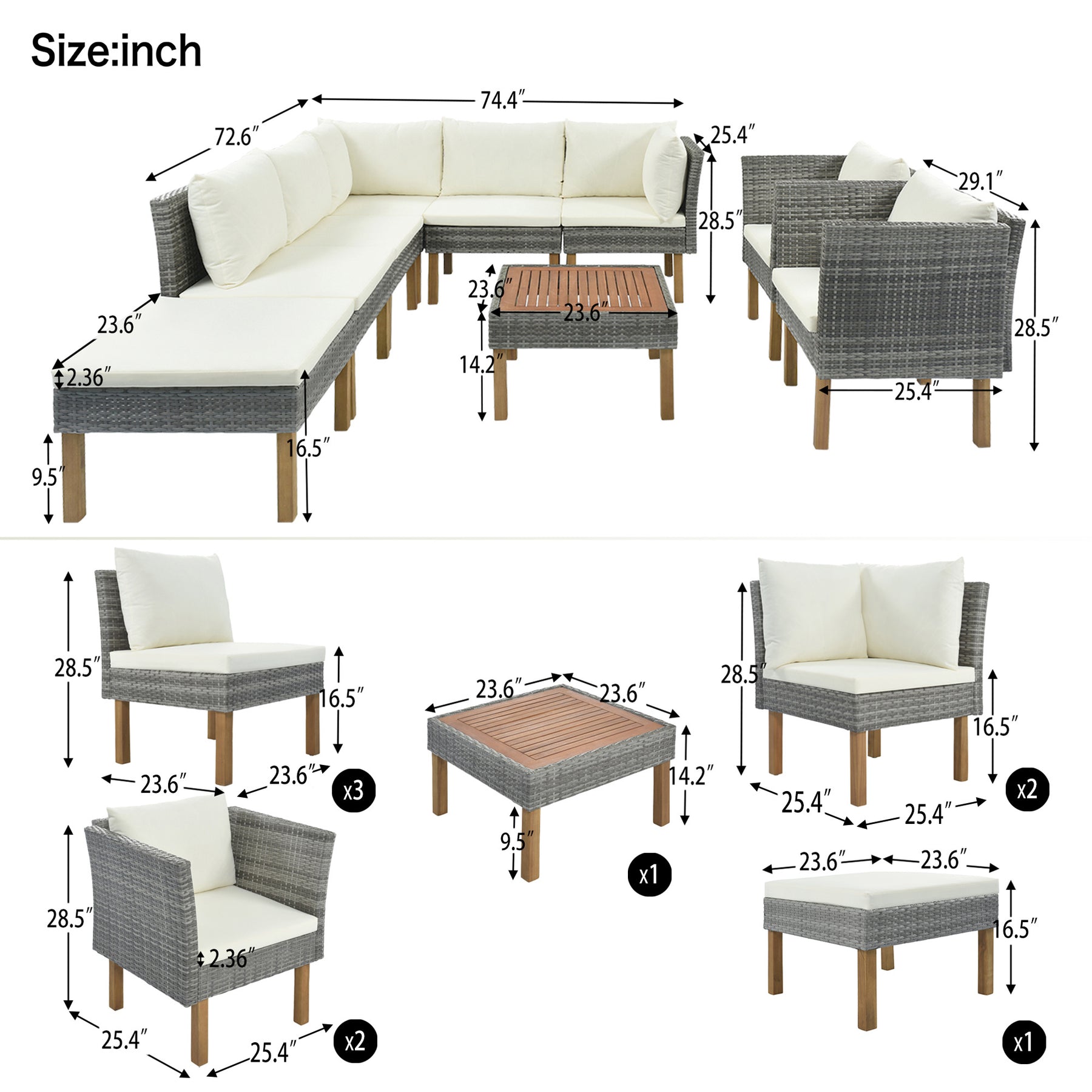 9-Piece Outdoor Patio Garden Wicker Sofa Set with Wood Legs