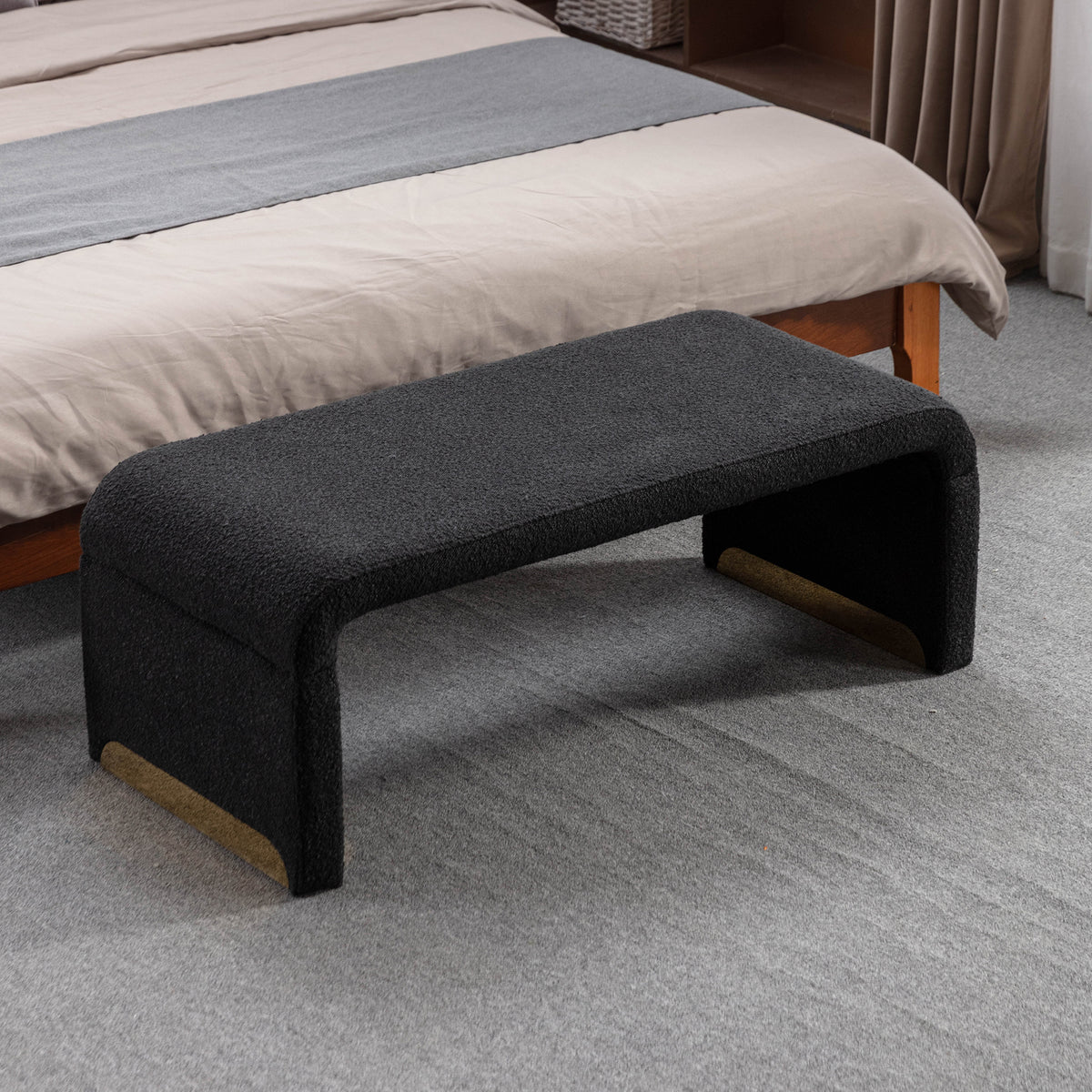 Black Boucle Fabric Loveseat Ottoman Bench