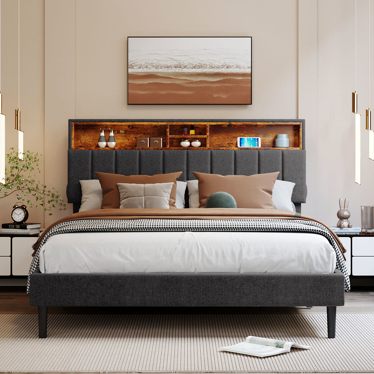 Queen Size Upholstered Platform Bed with Storage Headboard