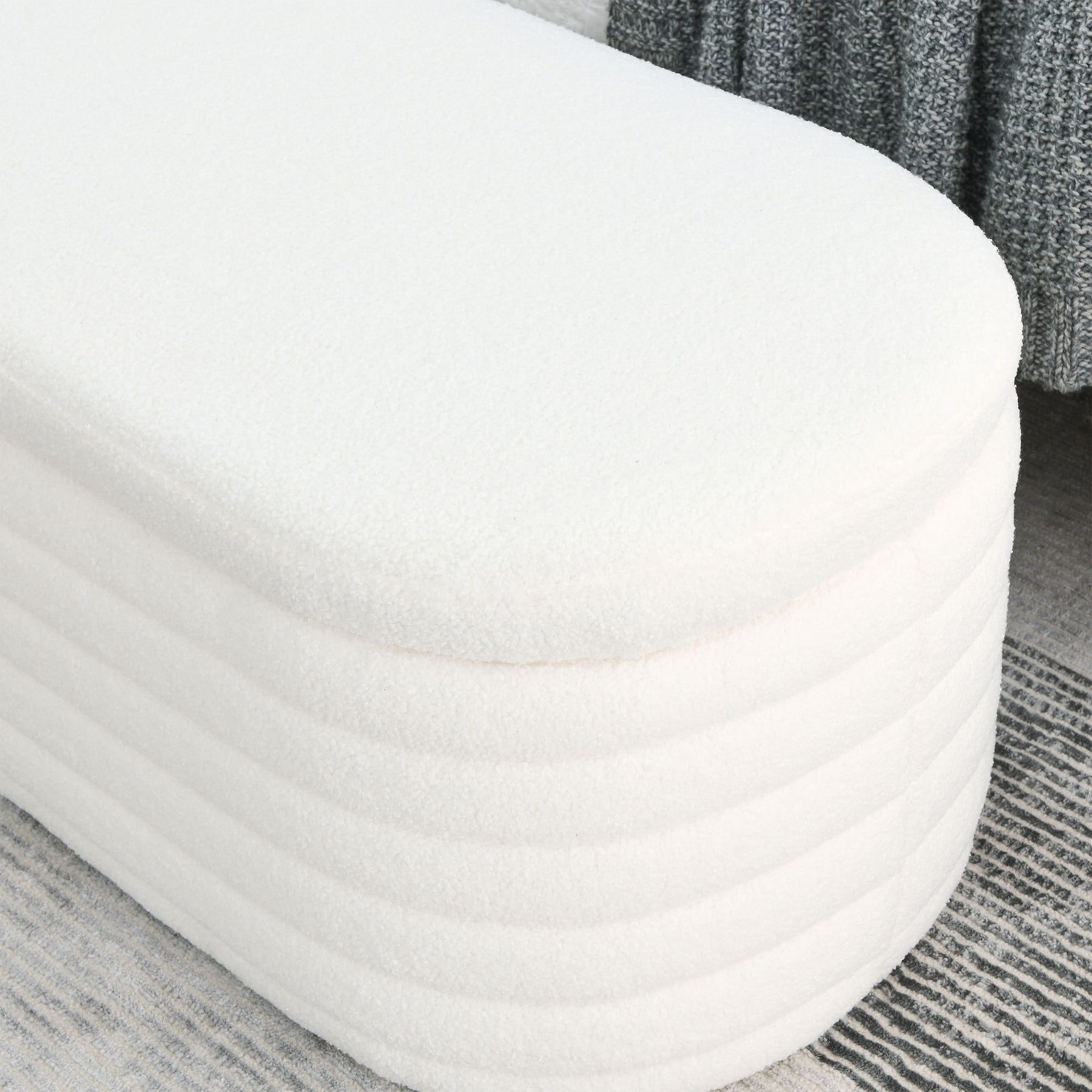 Modern Upholstered Fabric Storage Ottoman Bench with Safety Hinge (White Teddy)