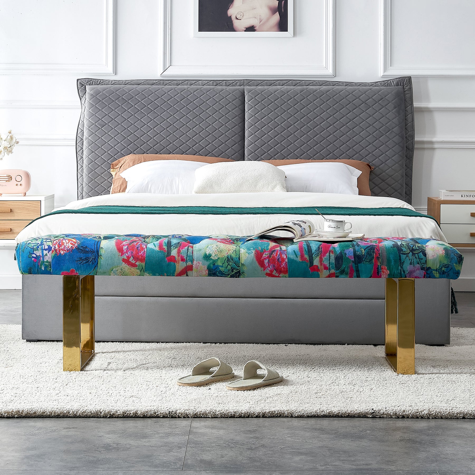 Stylish Blue Flower Gold Bench