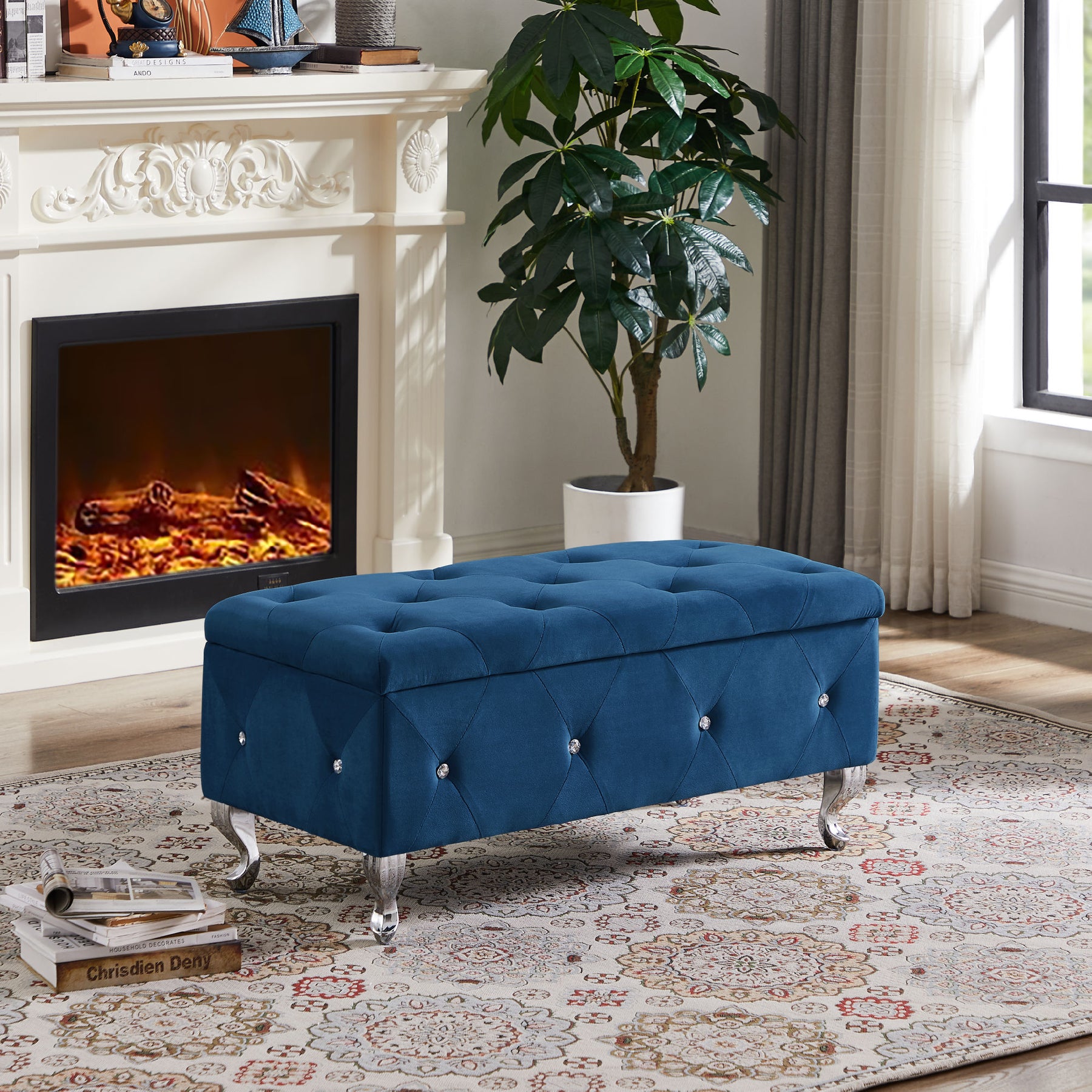 Blue Velvet Flip Top Storage Bench