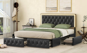 Queen Bed Frame with 4 Storage Drawers, PU Leather Platform