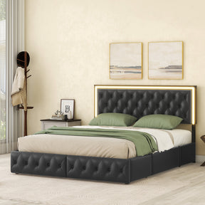 Queen Bed Frame with 4 Storage Drawers, PU Leather Platform