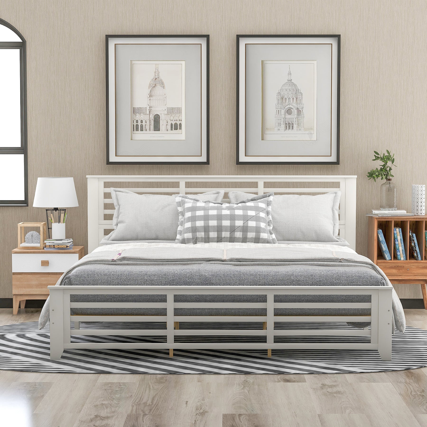 Platform bed with horizontal strip hollow shape, King size, white