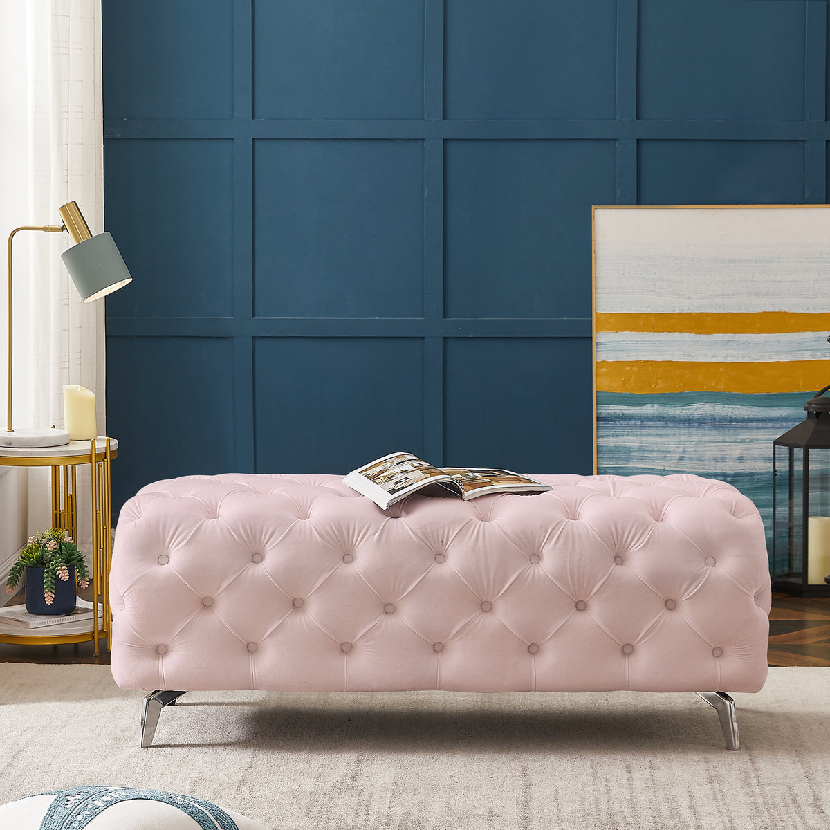 Pink Button-Tufted Upholstered Velvet Ottoman Bench