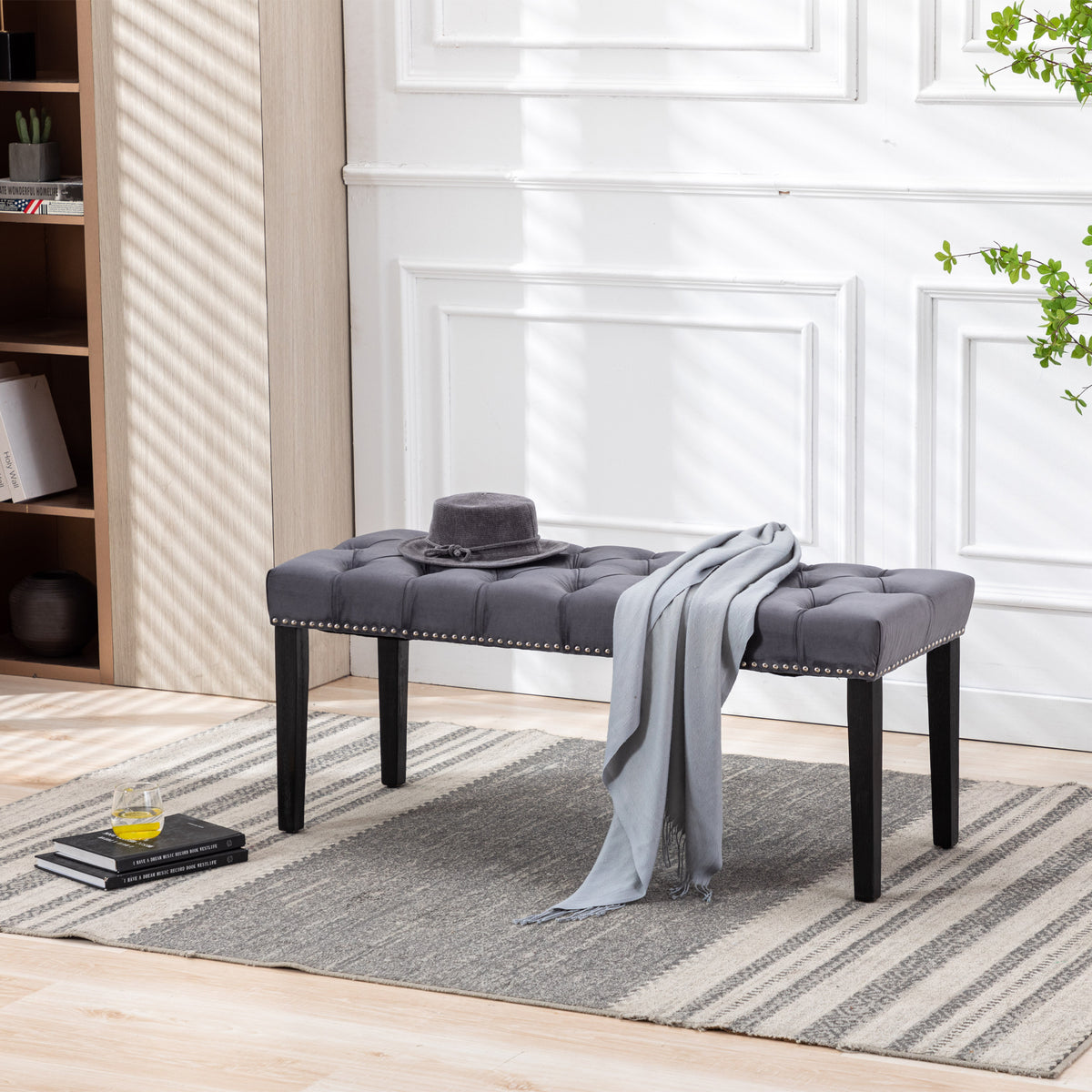 Gray Velvet Tufted Bench