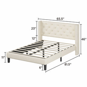 Queen Size Platform Bed with Upholstered Headboard and Slat Support, Heavy Duty Mattress Foundation, No Box Spring Required, Easy to Assemble,Beige