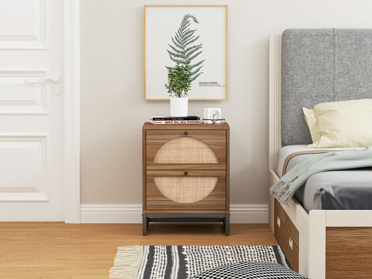 Natural Rattan 2 Drawer Nightstand Side Table