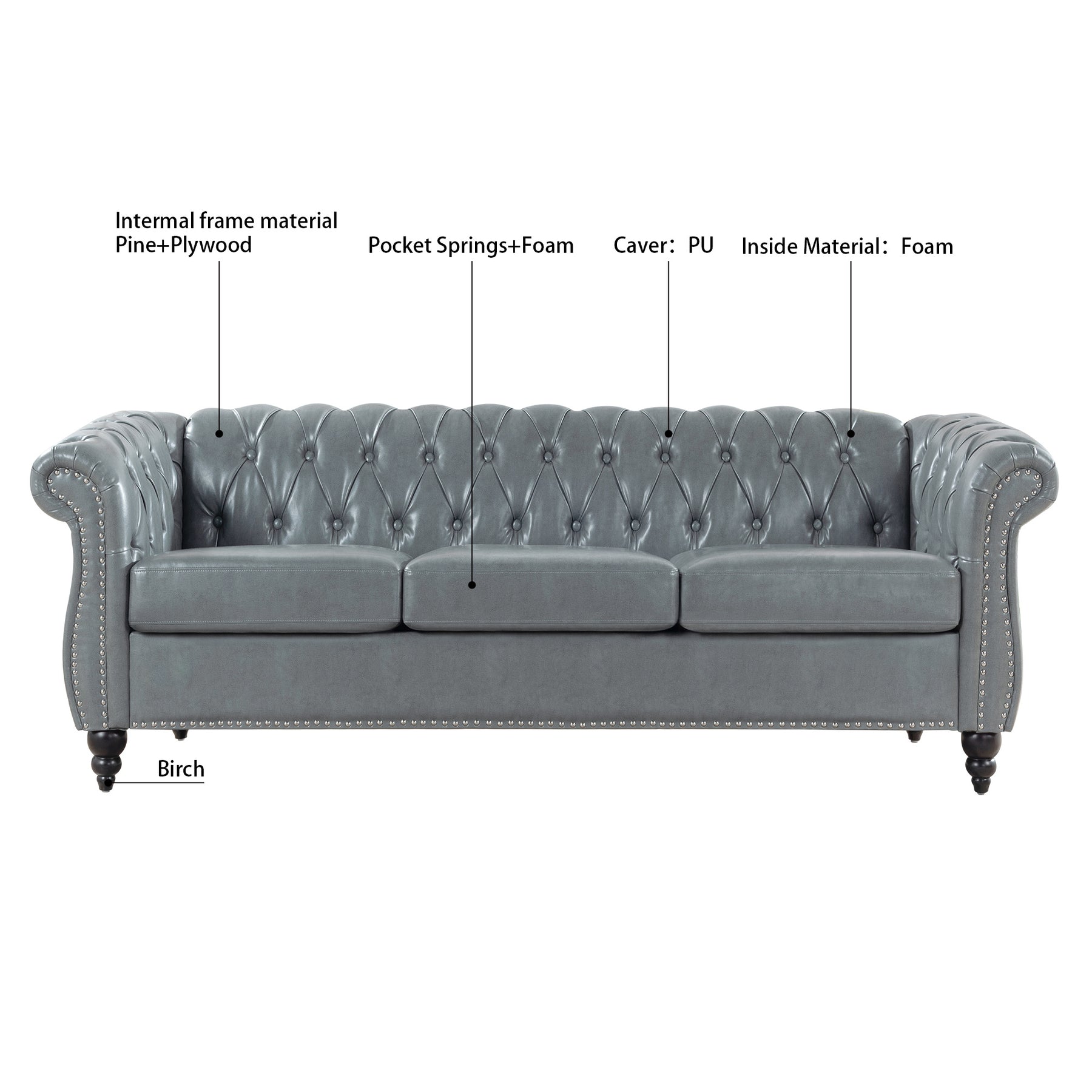 Gray Rolled Arm Chesterfield 3 Seater Sofa