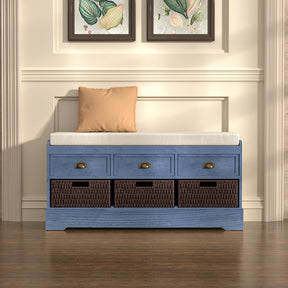 Storage Bench with 3 Drawers | 3 Rattan Baskets and Removable Cushion (Blue)