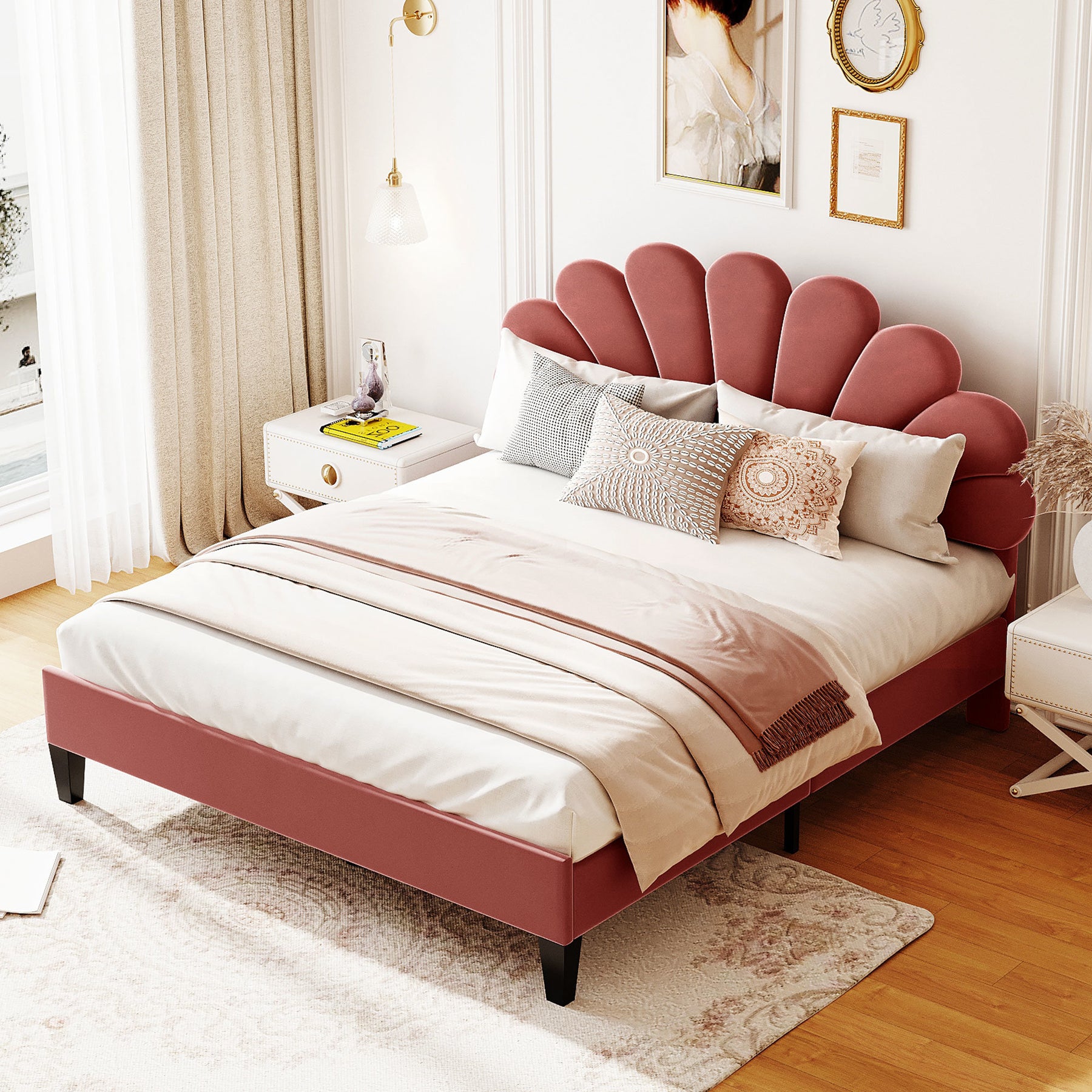 Flower Pattern Upholstered Platform Bed | Queen Size