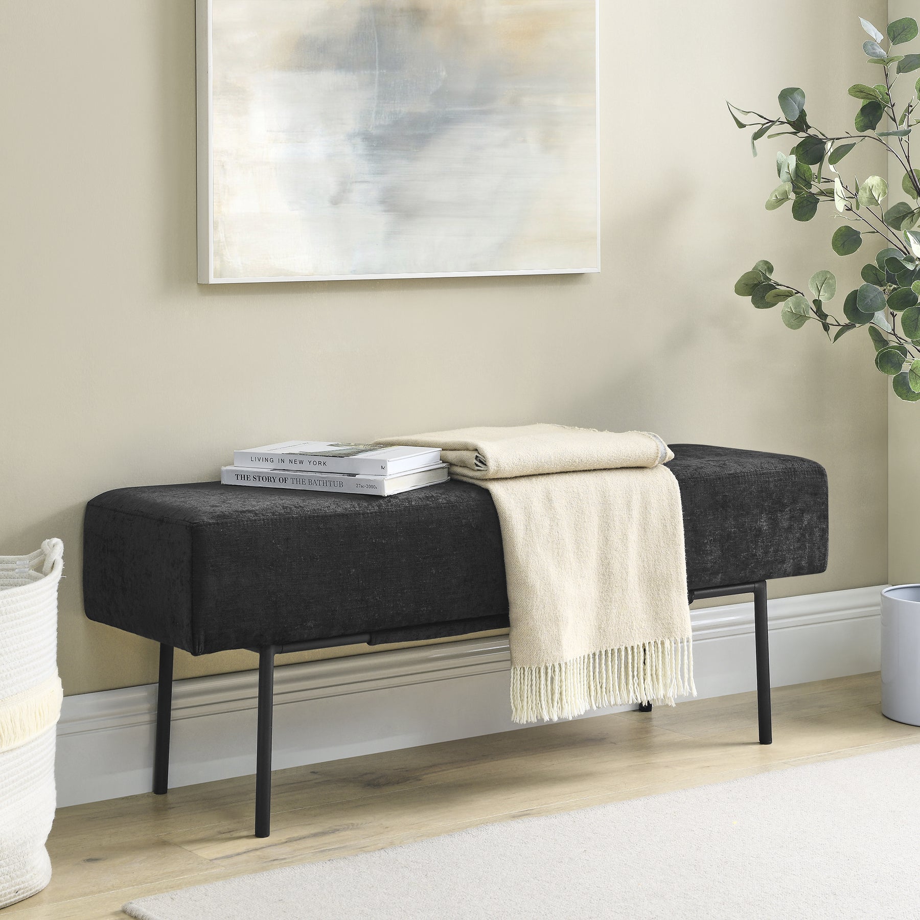 Black Contemporary Style Bedroom Chenille Upholstered Bench