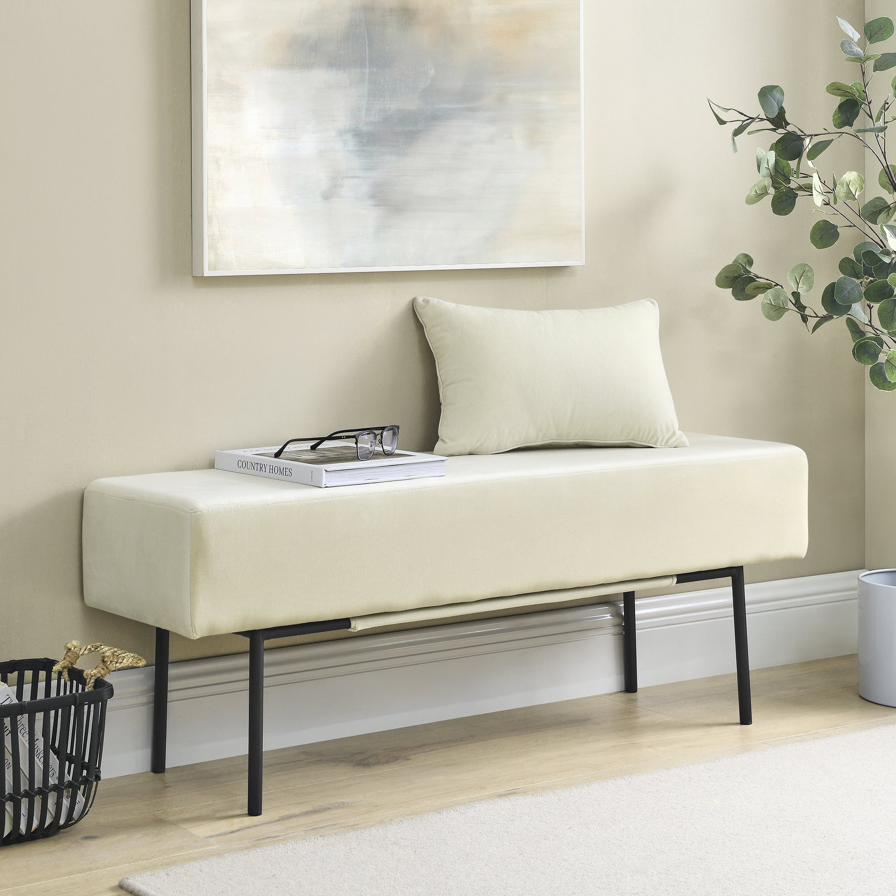 Beige Contemporary Style Bedroom Velvet Upholstered Bench