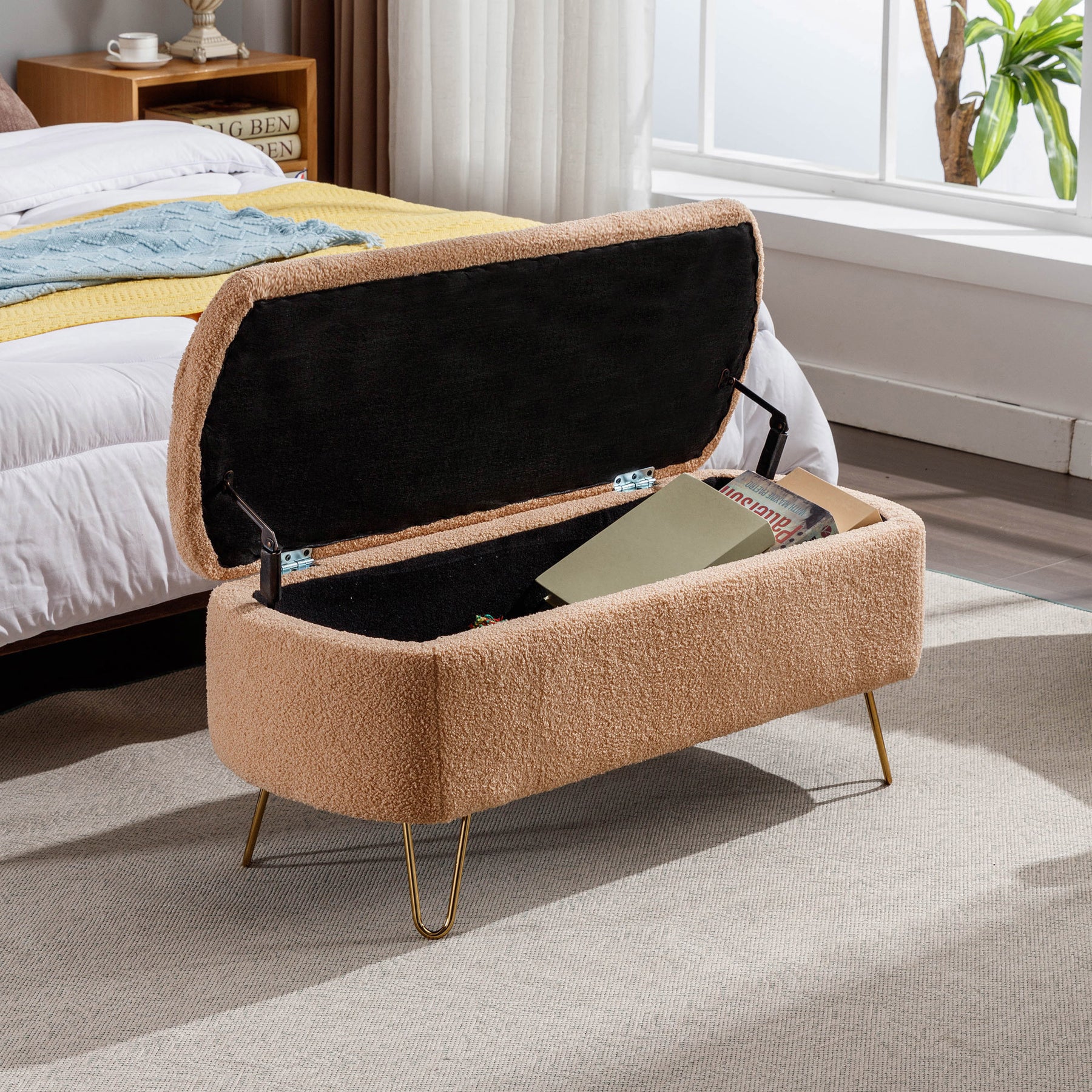 Modern Camel Storage Ottoman Bench with Gold Legs