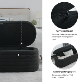 Modern Upholstered Fabric Storage Ottoman Bench with Safety Hinge (Black Teddy)